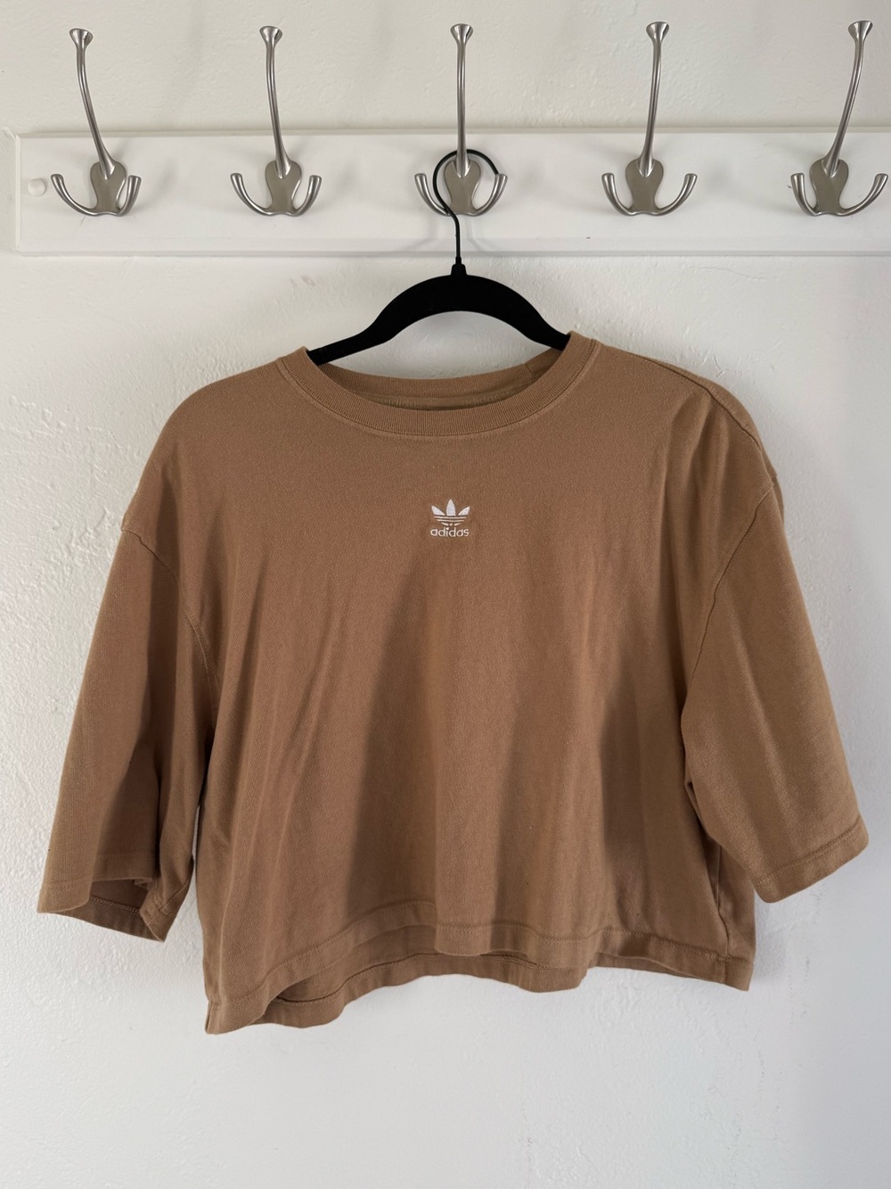 adidas Cropped Tee in Brown with White Trefoil